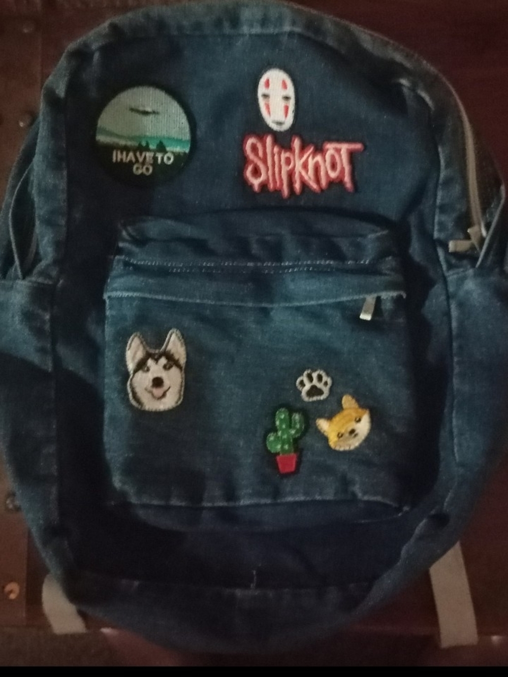 Denim-Style Blue Backpack with Fun Patches